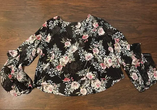 Intermix black floral sheer long bell- sleeve top size S