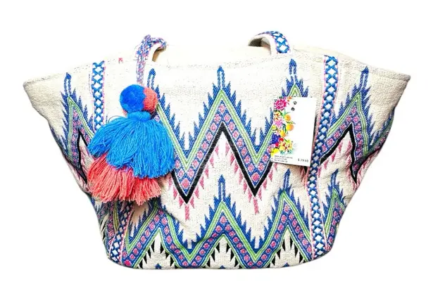 AMERICA & BEYOND Southwest Embroidered Tote Shoulder Bag Large Interior NWT Blue