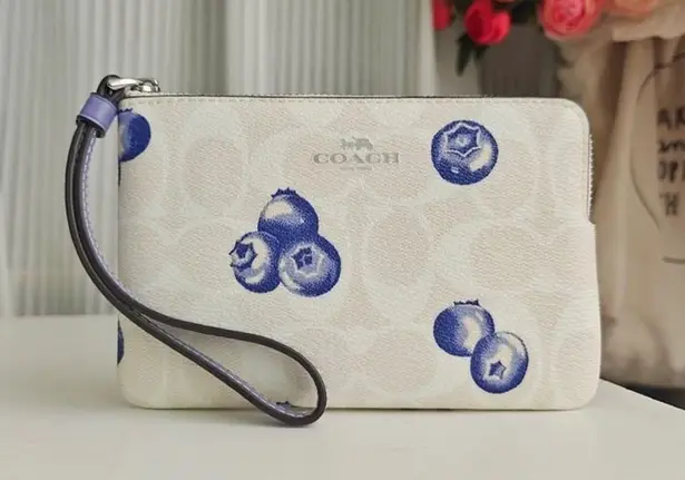 Coach NWT  Corner Zip Wristlet In Signature Canvas With Blueberry Print CR817 $88