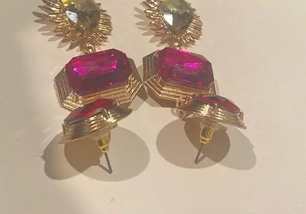 Earrings drop dangle fuchsia is pink red and yellow large rhinestone