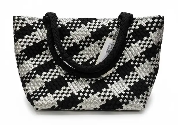 WILD FOX Woven Tote Bag Black Silver Houndstooth Large Shopper Beach Bag