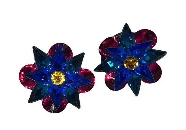 Vintage 1940s Colorful Starburst Clip On Ballroom Earrings Blue