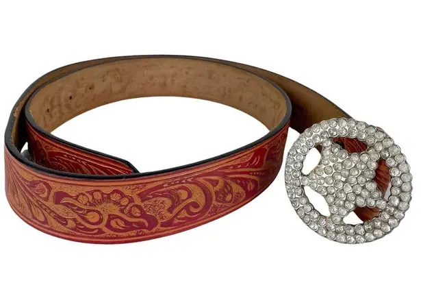 Western Embellished Star Bling Tooled Bonded Leather Belt Sz Large Red