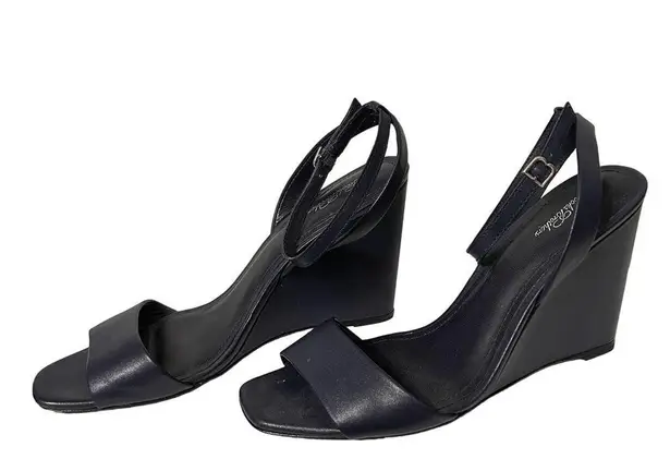 Brooks Brothers Leather Ankle-Strap Open-Toe Wedges Navy Blue Size 8.5