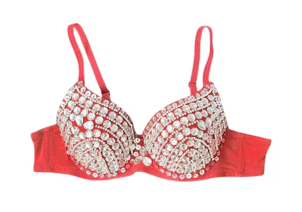 Rhinestone Burlesque Dance Rave Bustier Bra. Y2K. Hand Sewn. Red. Size Large Red