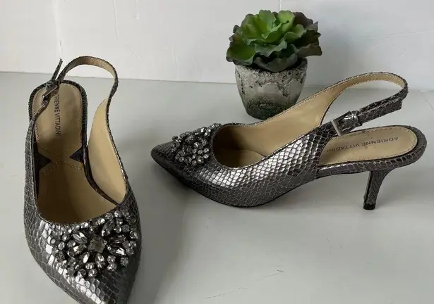 Adrienne Vittadini Surya Slingback Shoes Sz 6M Snake Skin Crystals Pewter Glam