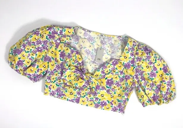 River Island floral Puffed Sleeve tie front crop top Yellow and Purple size 14