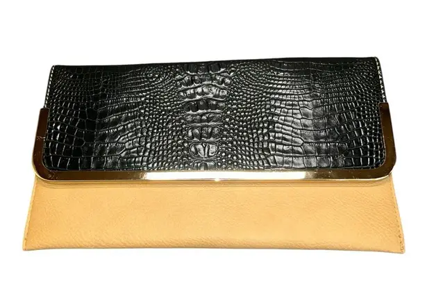 Kristine Black and Tan Clutch with Gold Accents