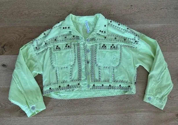 SALT Studded Denim Jacket in Neon Yellow Green