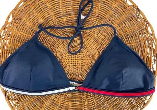 Tommy Hilfiger Vtg Y2K  Navy Colorblock Bikini Top Triangle Halter Tie Sz Large