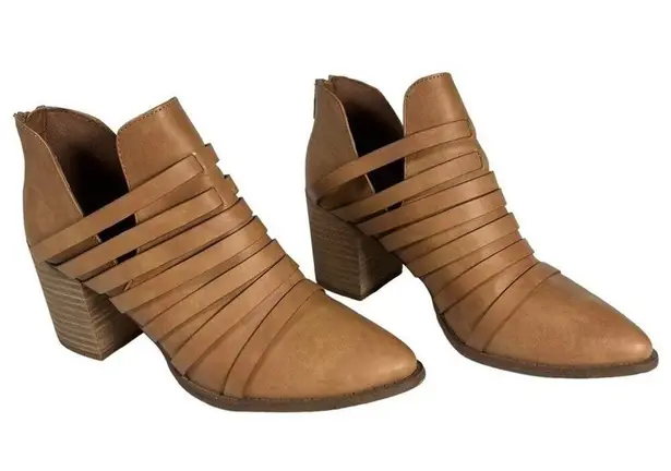 REPORT Trappy Strappy Ankle Bootie Size 8 Almond Tan Bootie Zip Back Block Heel