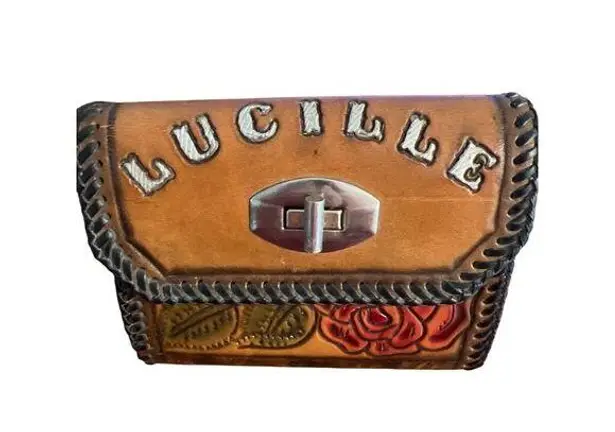 Vintage Handmade Tooled Leather Wallet Rose Design Snap Closure Lucille 5" x 4" Black