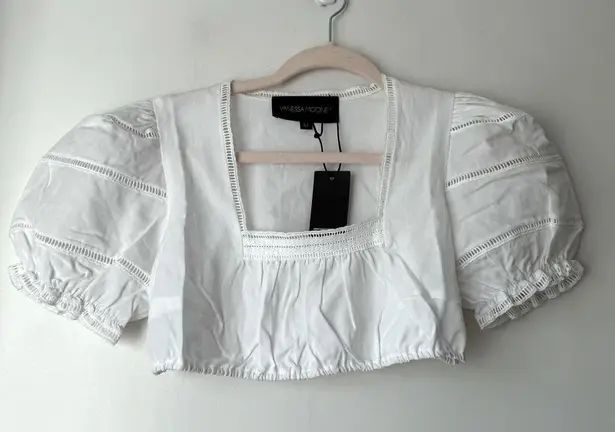 Vanessa Mooney Joelle White Puff Sleeve Cropped Blouse M NWT