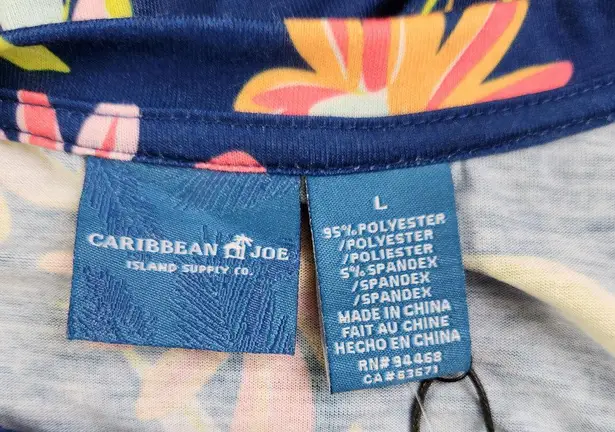 Caribbean Joe Women's Large Blue Floral Blouse 3/4 Sleeves Tie Detail NWT Cruise