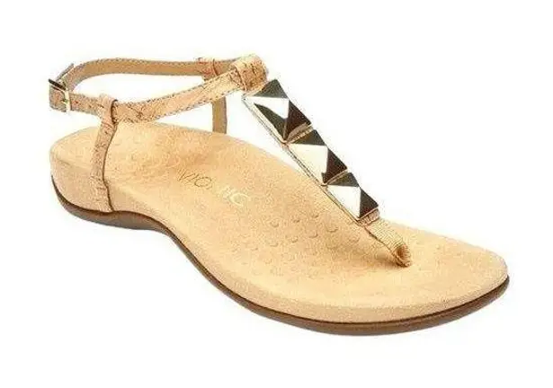 Vionic Rest Nala T-Strap Geometric Studded Gold/Cork Arch Support Thong Sandals