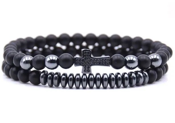 Black Matte Agate with Onyx Bead Cross Bracelet Black