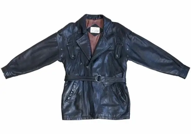 VTG 90s Y2K Oversized Belted Zip Front Black Leather Biker Bomber Jacket Coat