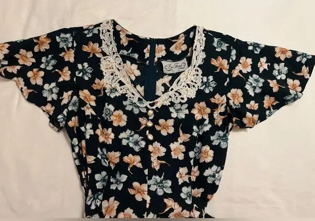 Enfocus Studio Vintage 80’s En Focus Culotte Jumpsuit Dark Green Floral Lace Collar Size S EUC