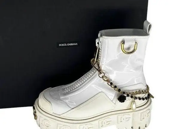 Dolce & Gabbana  Calfskin Patent Leather Ankle Boots With Bejeweled Chain