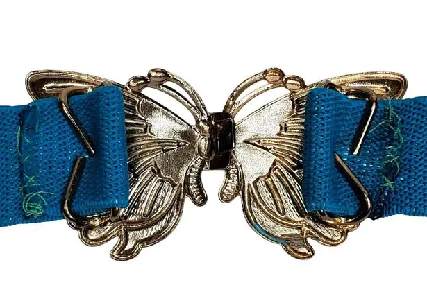 Vtg Blue Womenโs Stretch Belt Butterfly Front Buckle 1980s Retro