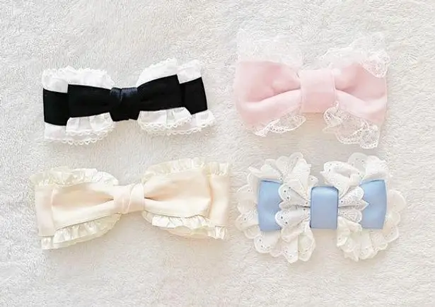 Japanese Kawaii Lolita Pastel Pink Blue Lace Velvet Ribbon Hair Bow Clip Set