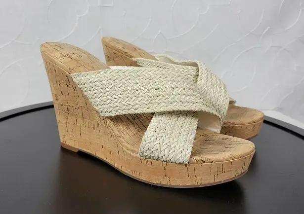 Nine West  Bridget Womens Sandals Size 7 Cream Woven Strap Platform Cork Wedge