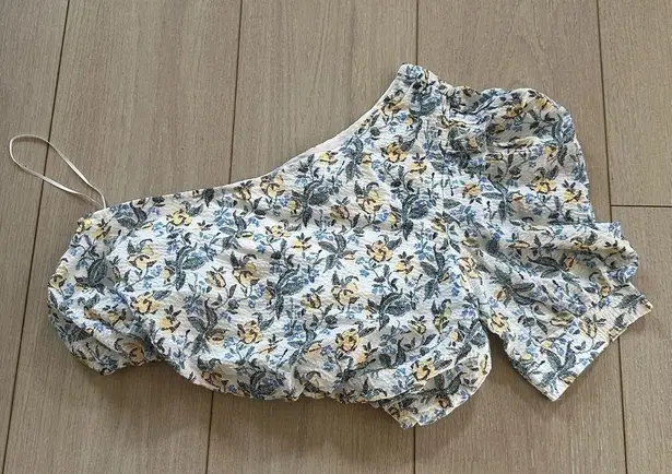 EN SAISON Top White Green Yellow Maeve Floral Cropped One Shoulder Small