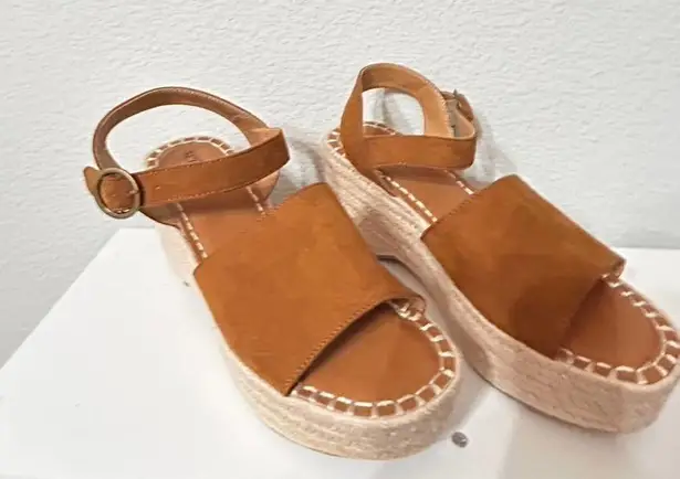 Anthropologie Seychelles Saddle Brown Tan Faux Suede Leather Platform Espadrilles Size 8.5 new