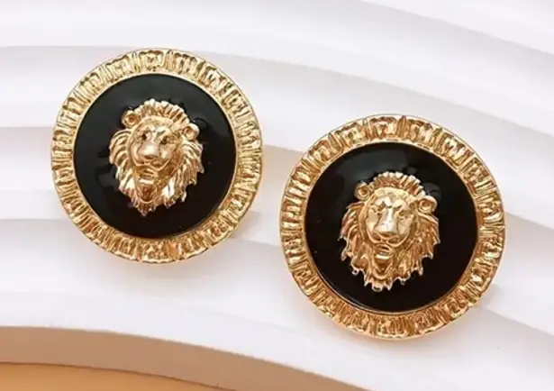 Black Inlay Gold Lion Head Stud Earrings Statement Round Medallion NWT