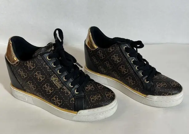 Guess  GW Flowurs Wedge Sneakers in Brown and Metallic Gold Multi 8.5M