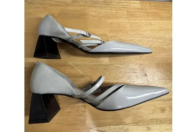 Schutz Mid Rue Gray Leather Mid Block Heel Pointed Toe Double Straps (Read) 7.5