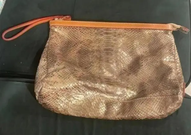 Cavalcanti Metallic Snake Skin Large Wristlet Clutch Bag Genuine Leather purse Tan