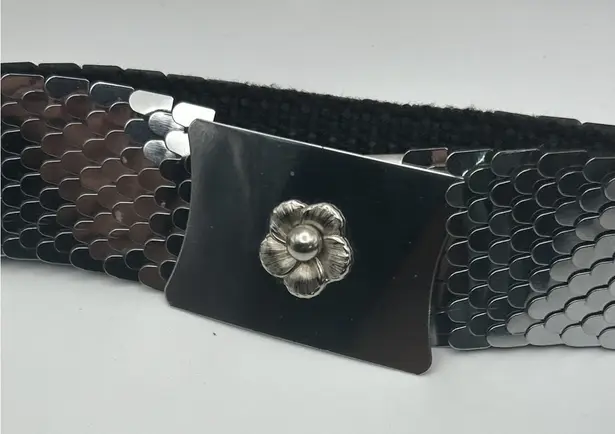 Vintage Silver Fish Scale Belt Metal STRETCHY Flower Buckle Shiny Sparkly Disco