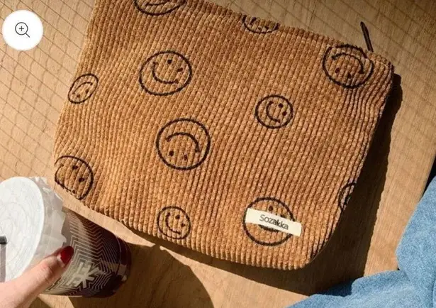 New Boutique Sozakka Tan Corduroy Smile Cosmetic Makeup Toiletry Storage Bag Brown