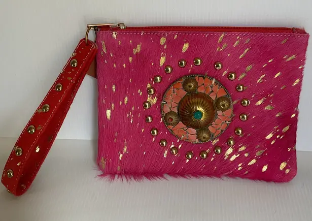 Wristlet Clutch Bag Ethnic Purse Bohemian Handmade Pink & Gold