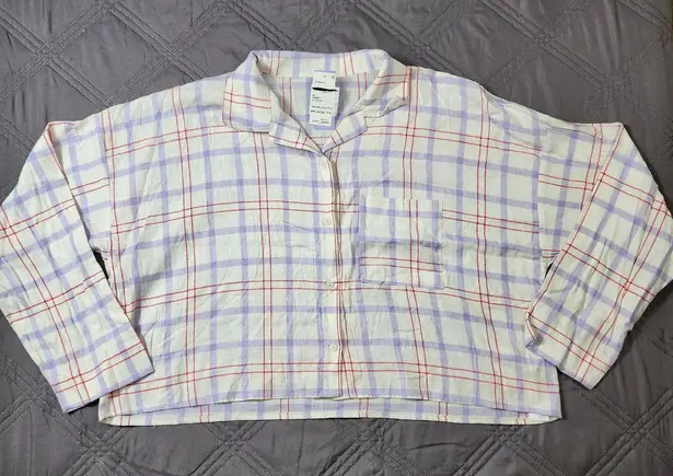 Florence by Mills Plaid White Purple Oversized Long Sleeve Cropped Size XS