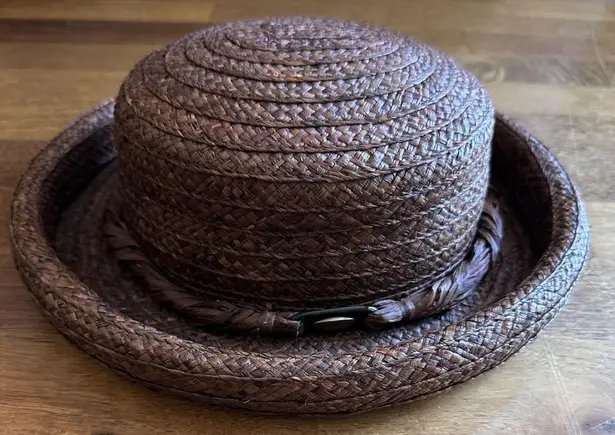 Women's Brown Raffia (?) Bowler Hat Rolled Brim Vintage Liz Claiborne 12” X 10”