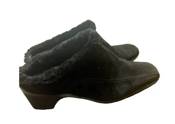 Aquatalia Black Suede Faux Fur Mules Shoes Block Heel Wedge Size 6.5