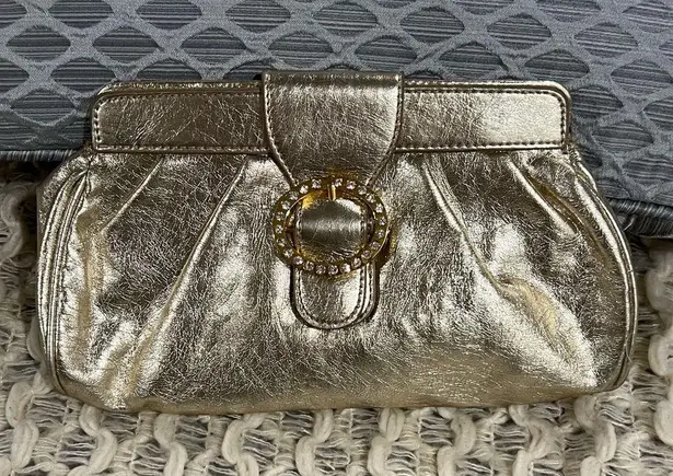 Gold Clutch Rhinestone Bedazzled Gem Circle Bag Soft Faux Leather Magnet Closure