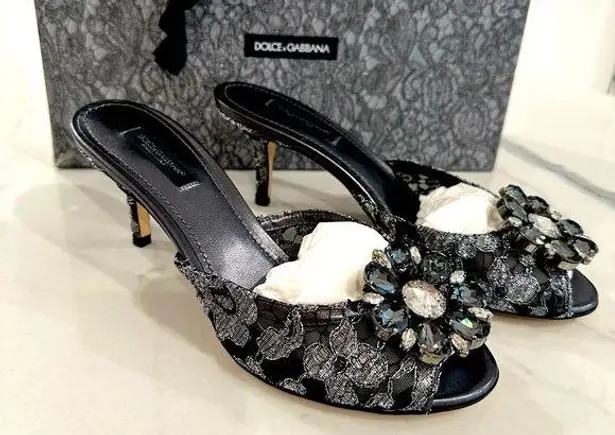 Dolce & Gabbana Lace and Crystal Slide Sandals