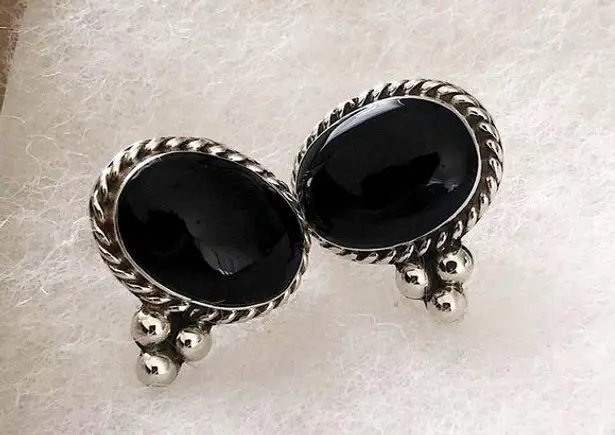 Onyx TAXCO Black Cabochon Sterling Silver Southwest Style Post Back Earrings