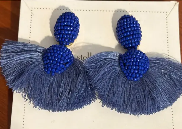 Stella & Dot Blue Ashton Beaded Tassel Statement Earrings 2.5" Long New on Card
