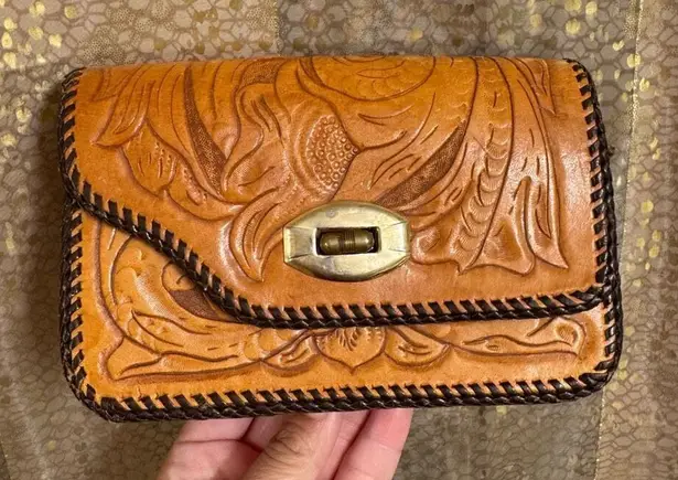 Vintage Brown Boho Hand Tooled Leather Mini Satchel Purse Without A Strap Brown