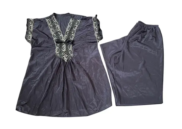 Lady Cameo Vintage 70s Black Embroidered Lace Two Piece Lingerie Pajama Set