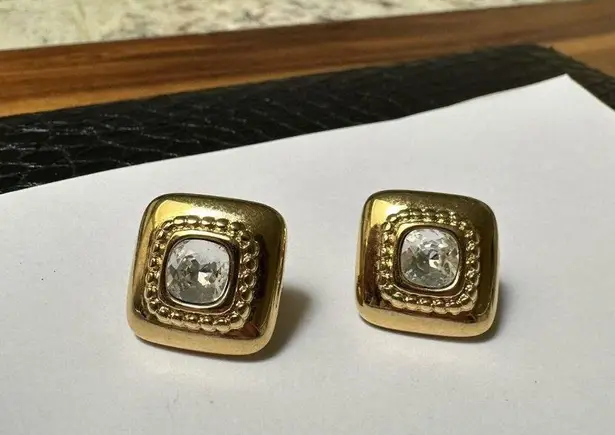 Monet Signed  Square Gold Tone Rhinestone Clip-on Clip On Earrings