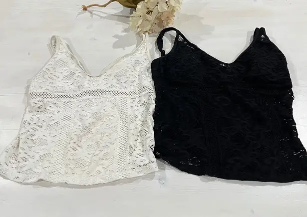 Becca 2 Crochet Tankini Swim Tops V Neck Removable Pads Black White Size M and D