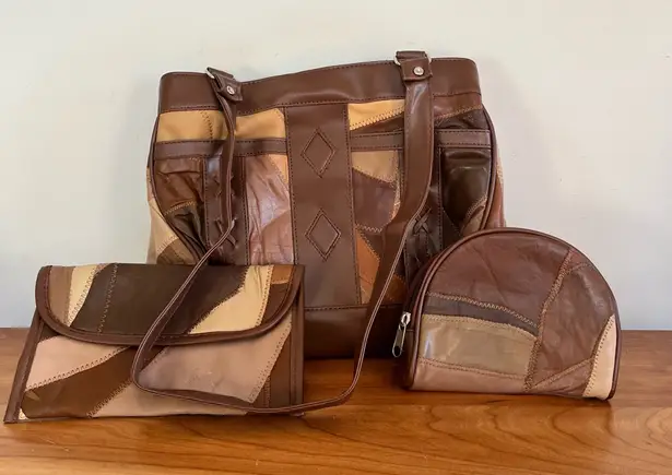 Patchwork Soft Leather Handbag Purse Shoulder Bag Coin & Wallet 3pc Set Brown - Image 1