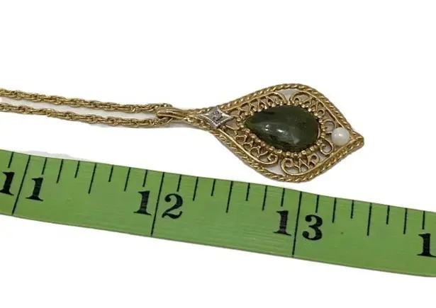 GF Vintage  Filigree Jade Teardrop Diamond Necklace