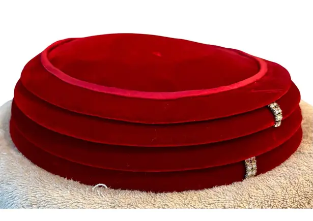 Womens Marche' Exclusive Red Velvet Vintage Hat Rhinestone Trim Fitted Pill Box