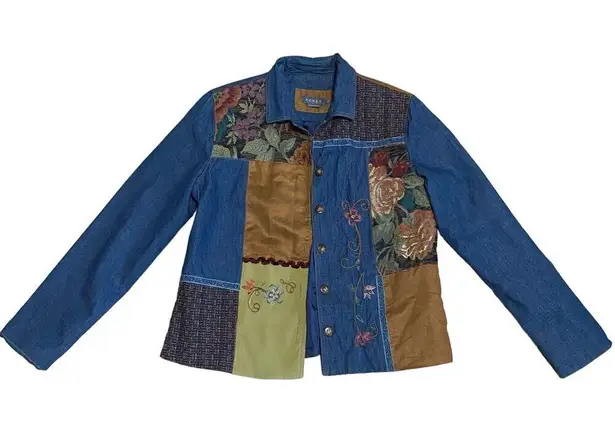 Koret Women’s Blue Denim Tapestry Embroidered Patchwork Mixed Media Jacket Small
